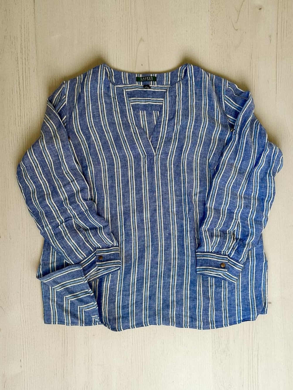 Lauren Ralph Lauren Blue and White Striped V-Neck Linen Tunic Size 1X